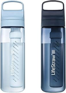 Go Series, BPA-Free Water Bottle for Travel and Everyday Use Removes Bacteria, Parasites, Microplastics, Improves Taste, 22oz 2-Pack; Icelandic Blue and Aegean Sea