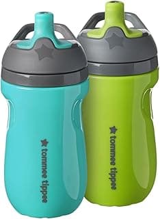 Insulated Sportee Bottle, for 12m+, 9oz, Pack of 2 Non-Spill Toddler Water Bottles, Green and Teal, with Two-Piece Valve to Help Stop Spills, Bite-Resistant Spout and Easy-Hold Handle