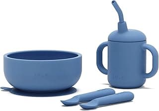 Lalo First Bites Silicone Baby Feeding Set - Baby Led Weaning Supplies - Non-Toxic Silicone - Includes 2 Spoons, Training Cup, & Suction Bowl - 4 Pieces - Blueberry