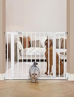 New Version Baby Gate with Cat Door Adjustable,29-40" Metal Pet Door for Stairs & Doorways,Pressure Mounted,No Tools Needed,White