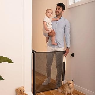 Retractable Baby Gate Perma Child Safety 33" Tall x 55” Wide, Mesh, for Stairs, Doorways, Dogs, Pets, Indoor, Outdoor, One-Handed Operation, Locking, Easy Install, Hardware Mount, Black